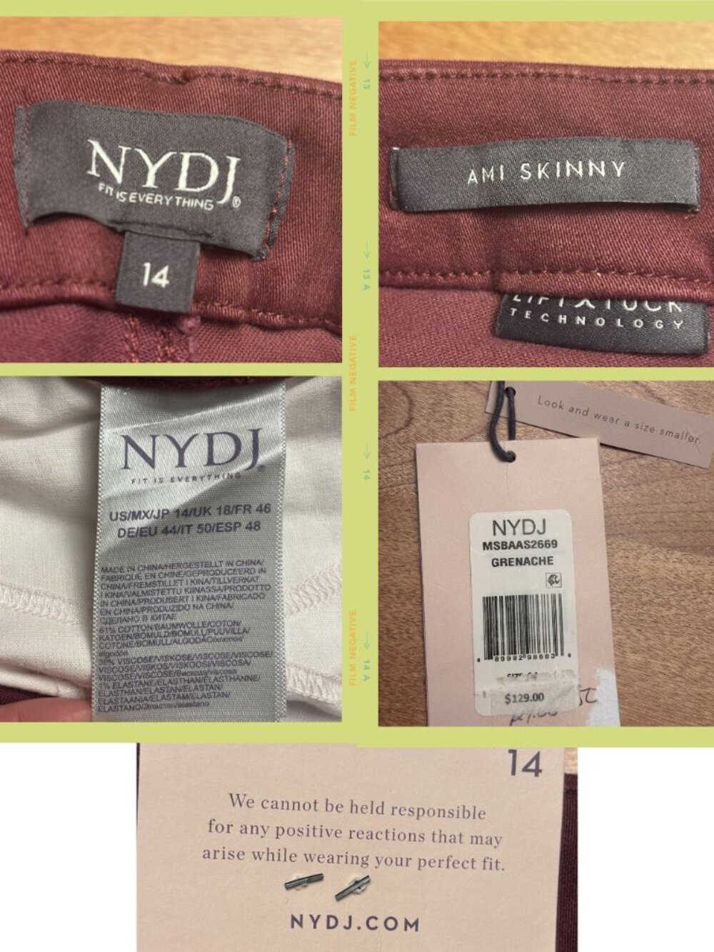 NYDJ Burgundy Skinny Jeans Lift Tuck Size 14 NWT Stretch - Picture 2 of 11